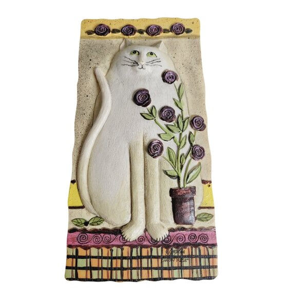 Vintage 1990s E. Smithson Plaque Tile Folk Art 3D Cat Snow Rose Wall Decor - Picture 1 of 9